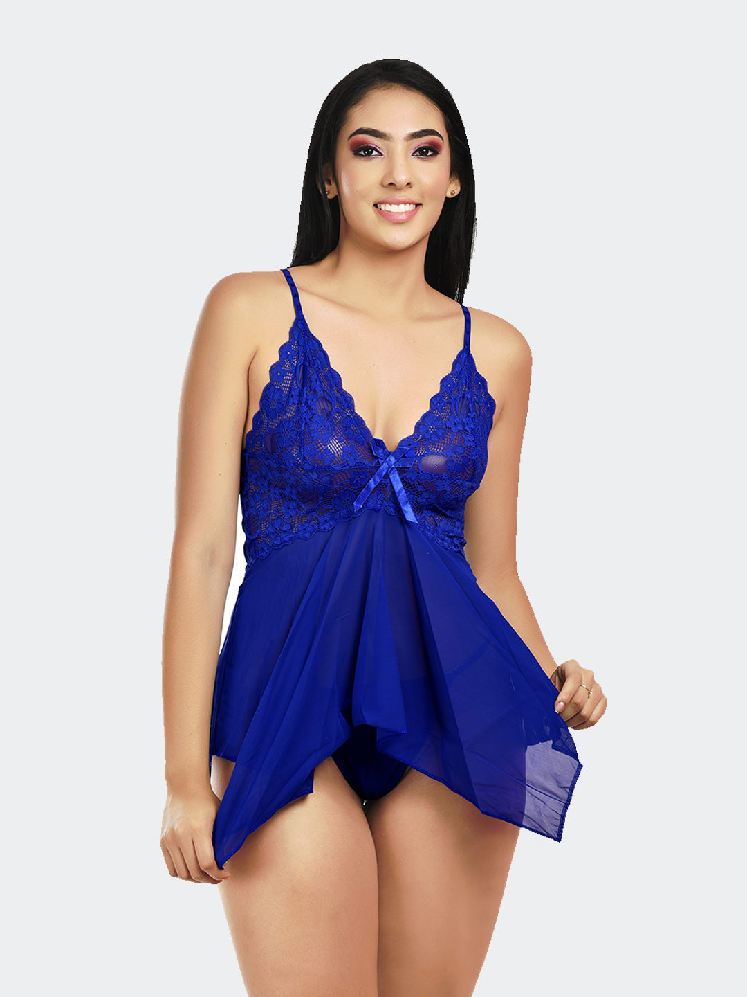 KAPCHA Women’s Sexy Royal Blue Lace with Sheer Mesh & Panty – Transparent Lingerie Nightwear for Bridal, Honeymoon & Romantic Evenings - Image 3