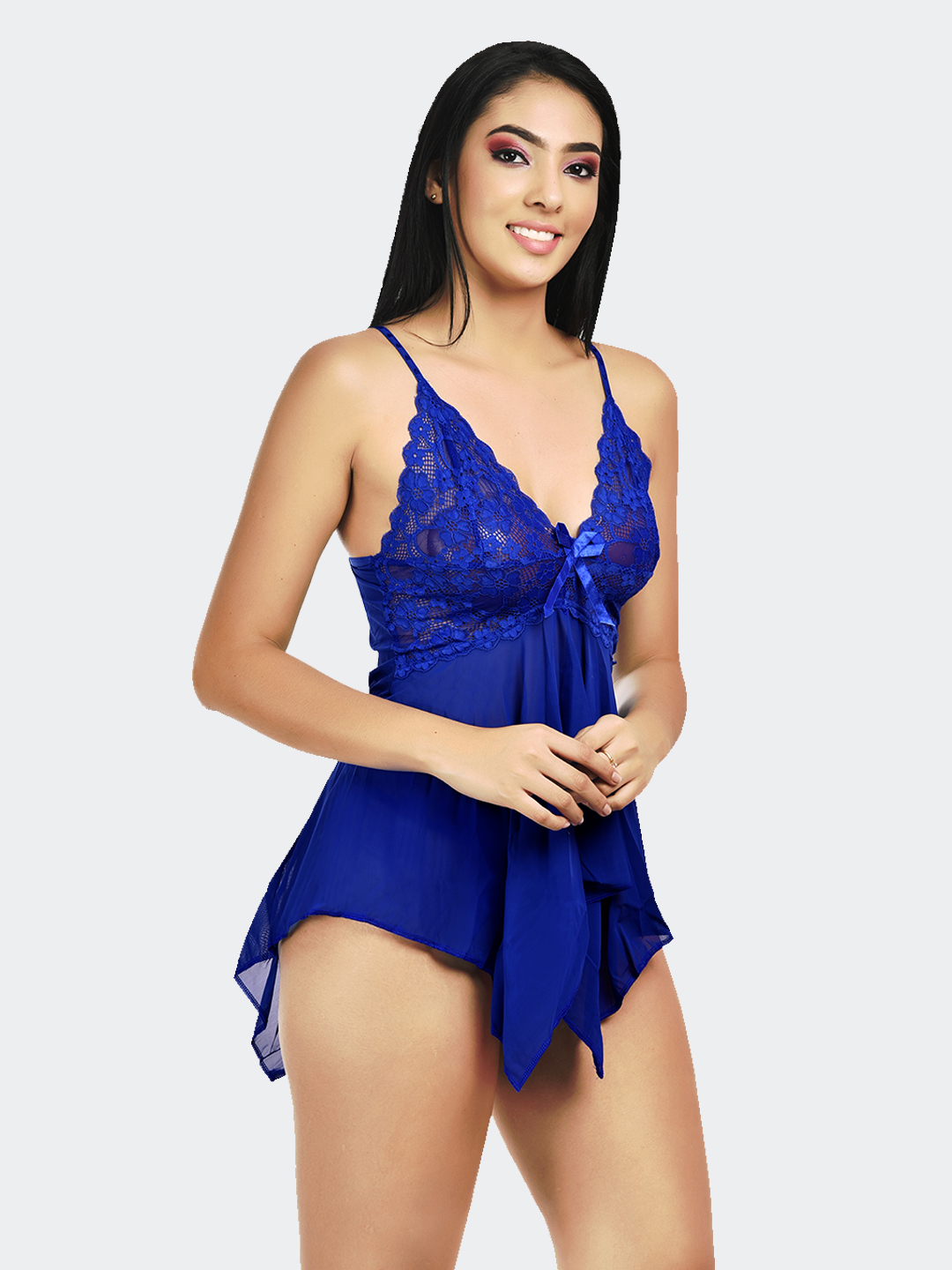 KAPCHA Women’s Sexy Royal Blue Lace with Sheer Mesh & Panty – Transparent Lingerie Nightwear for Bridal, Honeymoon & Romantic Evenings - Image 4