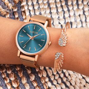 KAPCHA Ladies Watch & Adorned Bracelet Combo Set Quartz Movement Adjustable Strap for Both Casual and Formal Wear