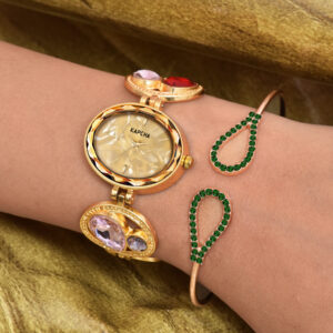 KAPCHA Glamorous Women's Watch Bracelet Combo Set Sparkling Ladies Watch, Golden Dial, Jewelled Mesh Chain Band, Water Resistant
