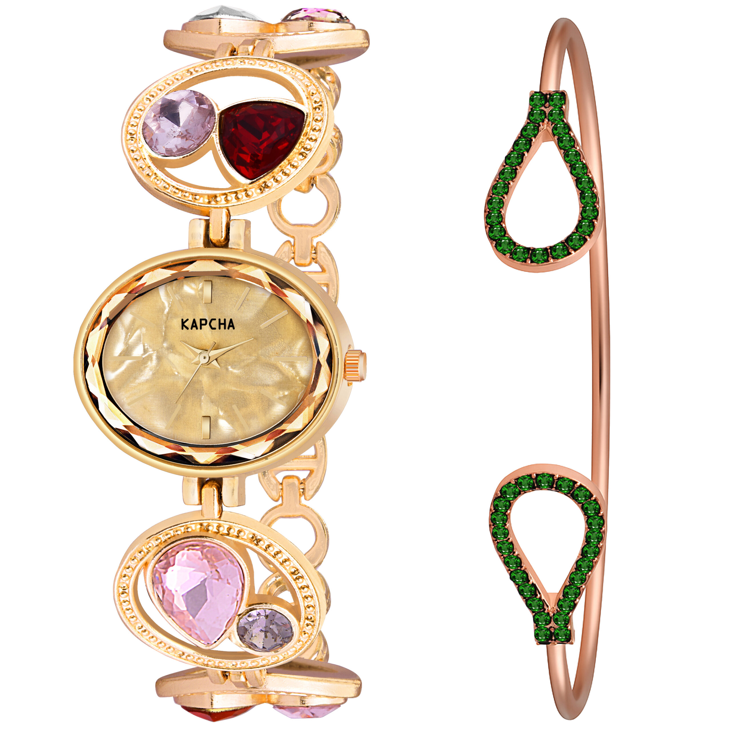KAPCHA Glamorous Women's Watch Bracelet Combo Set Sparkling Ladies Watch, Golden Dial, Jewelled Mesh Chain Band, Water Resistant - Image 2