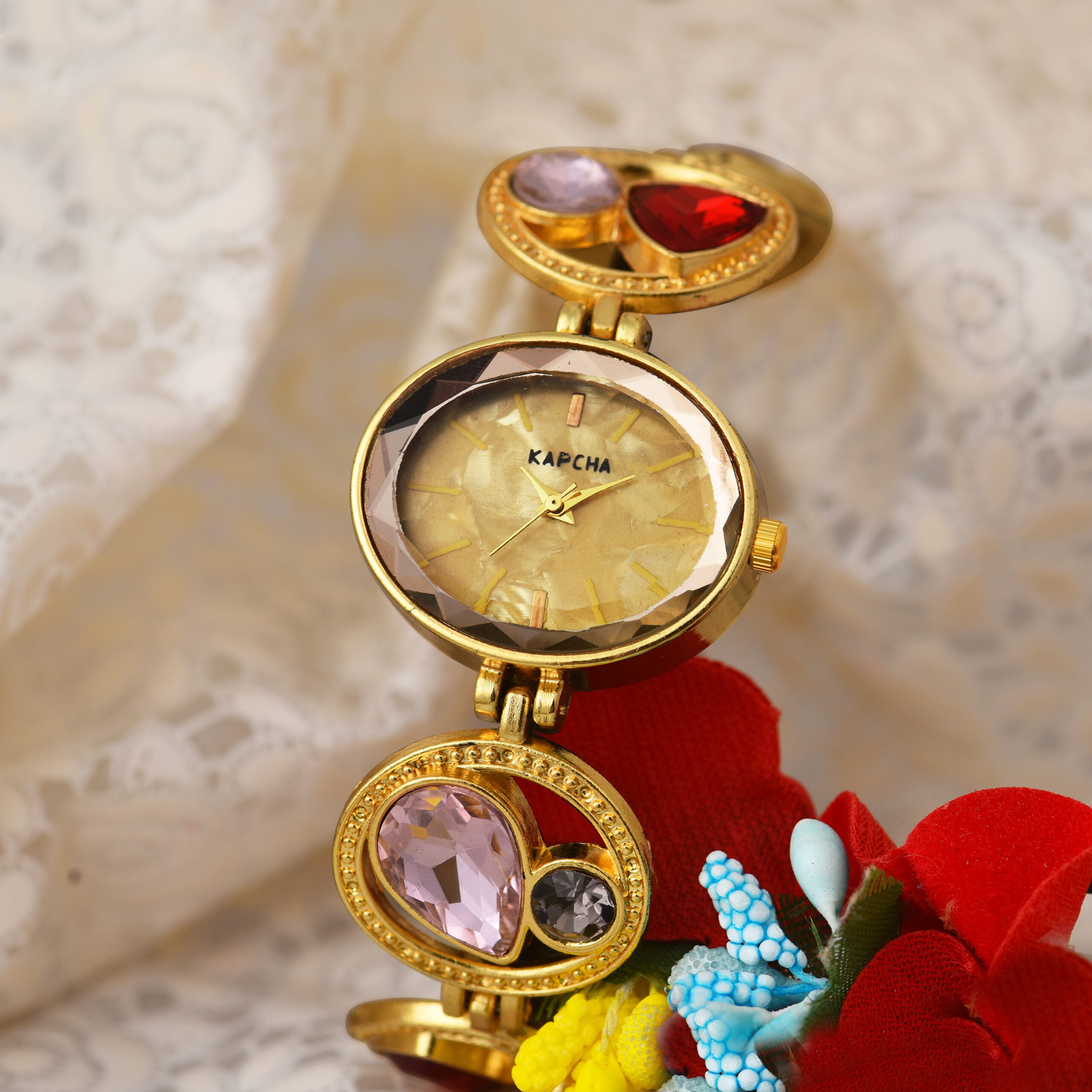 KAPCHA Glamorous Women's Watch Bracelet Combo Set Sparkling Ladies Watch, Golden Dial, Jewelled Mesh Chain Band, Water Resistant - Image 4