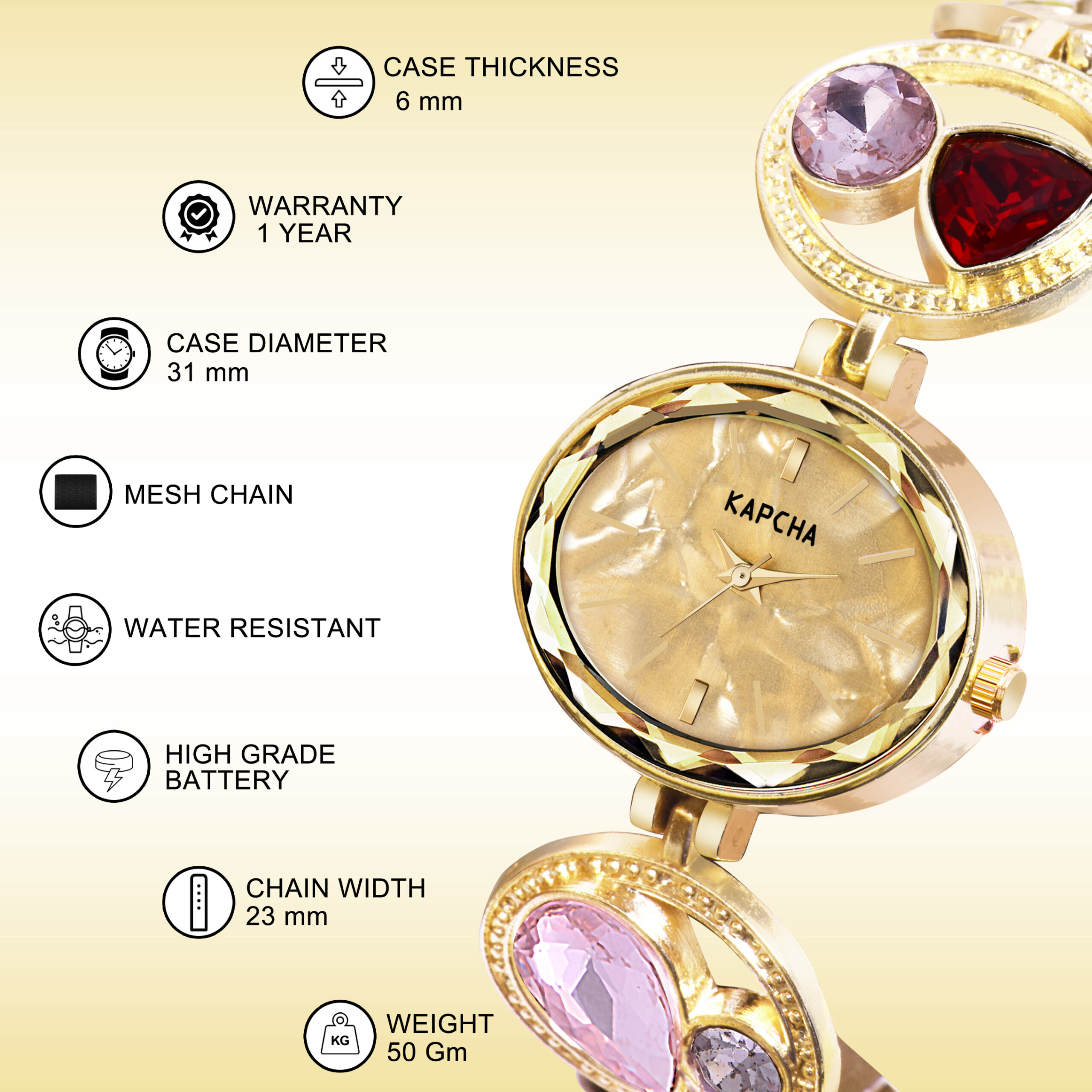 KAPCHA Glamorous Women's Watch Bracelet Combo Set Sparkling Ladies Watch, Golden Dial, Jewelled Mesh Chain Band, Water Resistant - Image 7