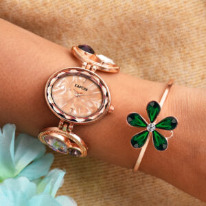 KAPCHA Chic Ladies Timepiece & Jewelry Set, Rose Gold, Jewelled Mesh Chain Band, Water Resistant, Ideal for Casual Wear