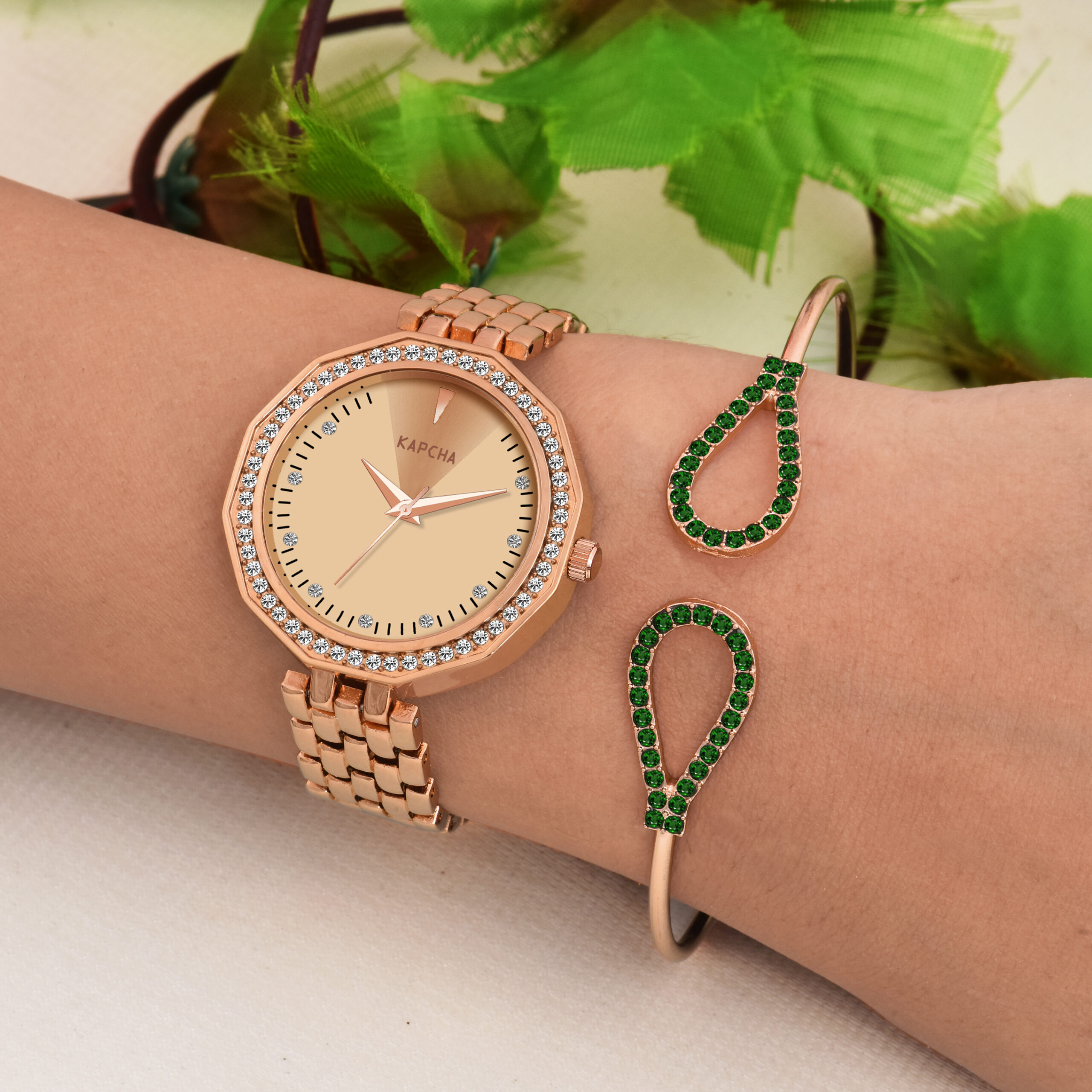 KAPCHA Luxury Women's Watch & Bracelet Set Elegant Rose Gold Quartz Wristwatch and 1 Piece Cuff Bangle Fashionable Gift Box