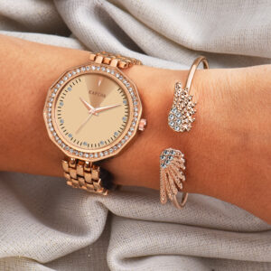 KAPCHA Luxury Women's Watch & Bracelet Set Elegant Rose Gold Quartz Wristwatch and 1 Piece Cuff Bangle Fashionable Gift Box