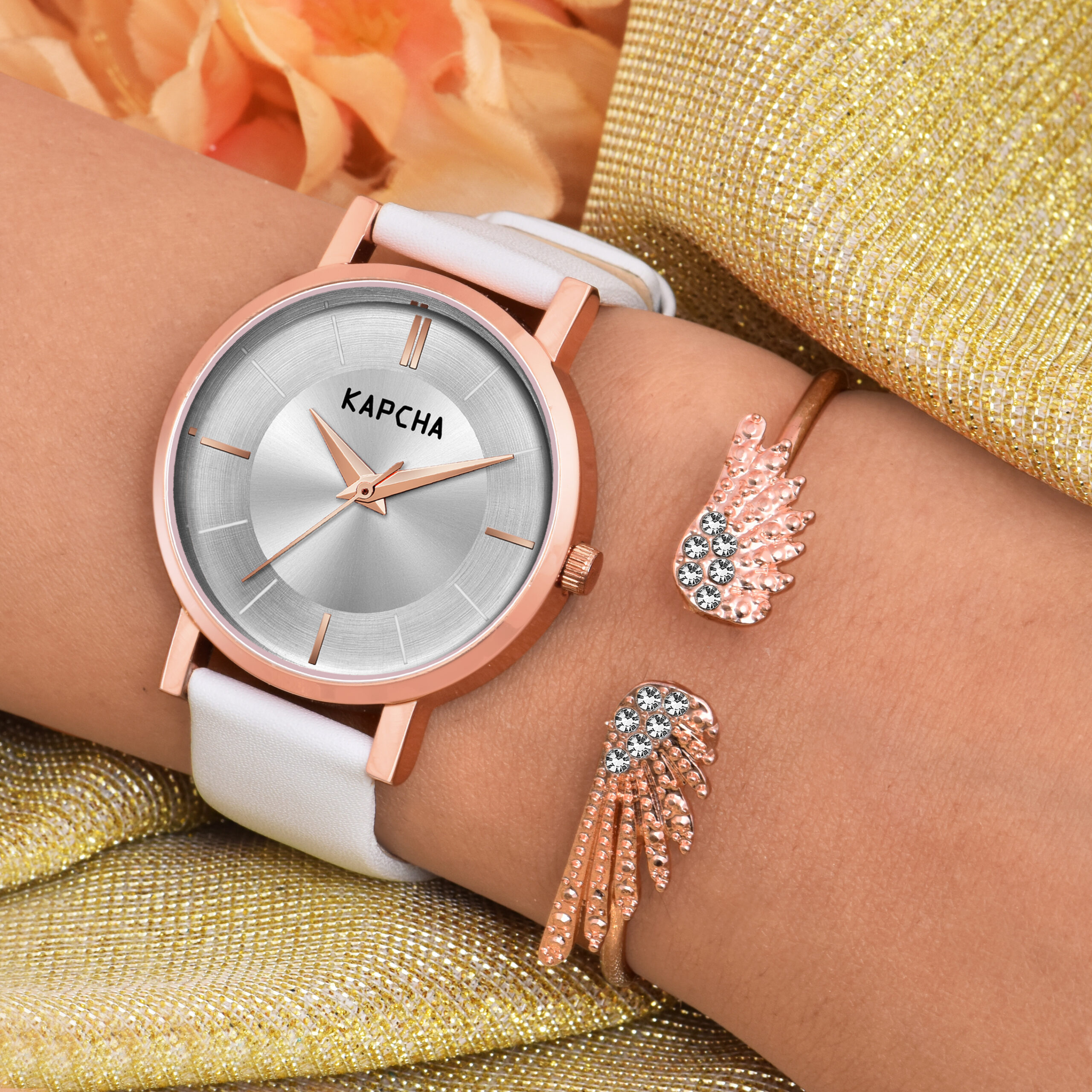 KAPCHA Versatile Leather Strap Watch and Chic Bracelet Combo | Set of 2 | Elegant Jewellery for Ladies | Fashion Accessory | Gift for Her
