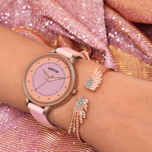 KAPCHA Leather Strap Watch & Stackable Bracelet Set for Women | Round Dial Shape, Quartz Movement | Fashion Accessory | Gift for Mom/Girlfriend/Friend