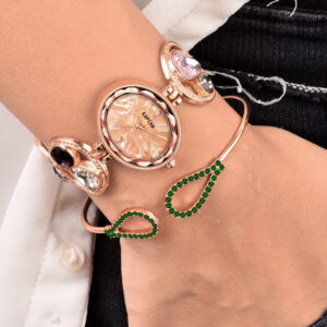 KAPCHA Chic Ladies Timepiece & Jewelry Set, Rose Gold, Jewelled Mesh Chain Band, Water Resistant, Ideal for Casual Wear