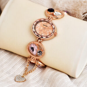 KAPCHA Chic Ladies Timepiece & Jewelry Set, Rose Gold, Jewelled Mesh Chain Band, Water Resistant, Ideal for Casual Wear
