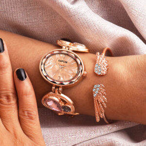 KAPCHA Chic Ladies Timepiece & Jewelry Set, Rose Gold, Jewelled Mesh Chain Band, Water Resistant, Ideal for Casual Wear