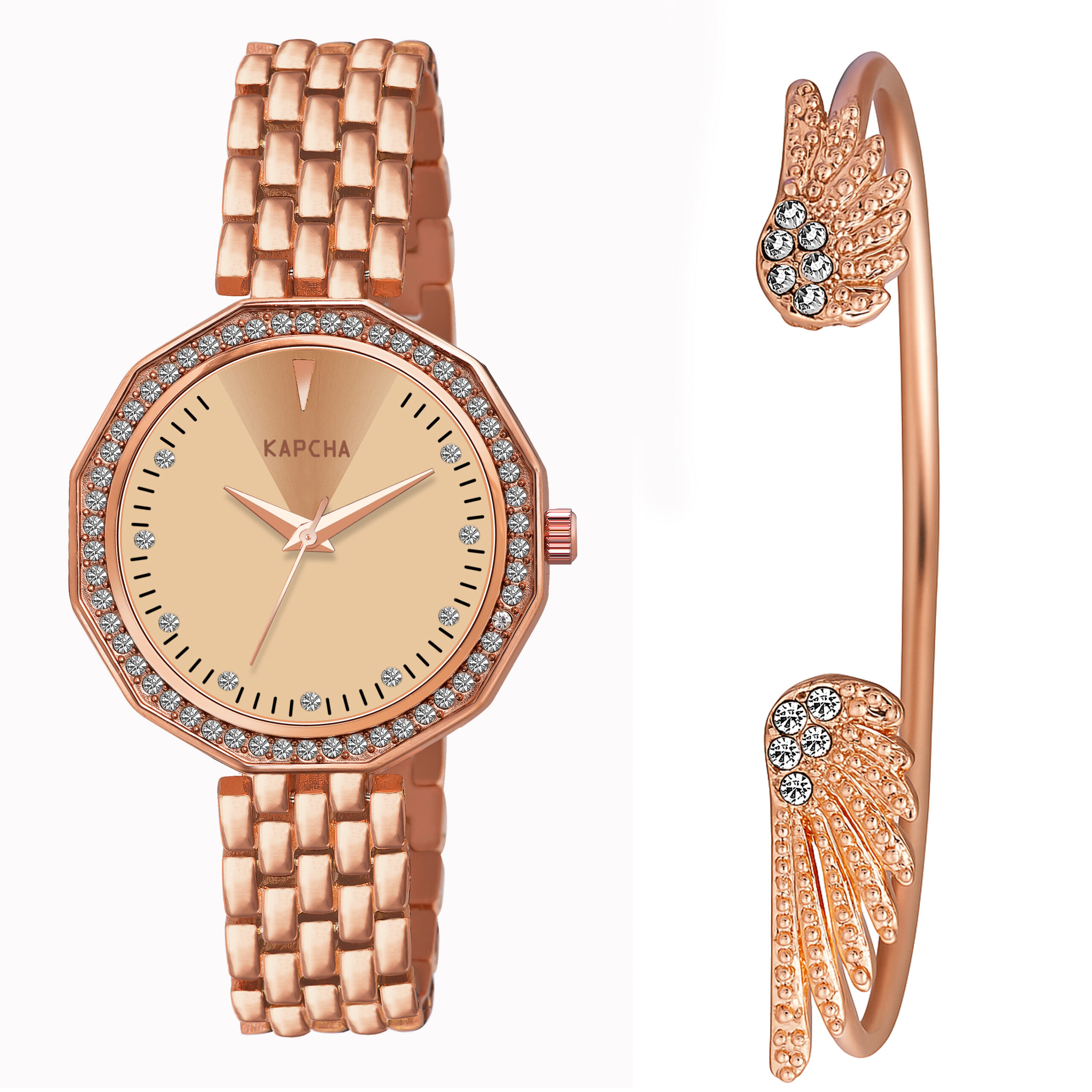 KAPCHA Luxury Women's Watch & Bracelet Set Elegant Rose Gold Quartz Wristwatch and 1 Piece Cuff Bangle Fashionable Gift Box - Image 2