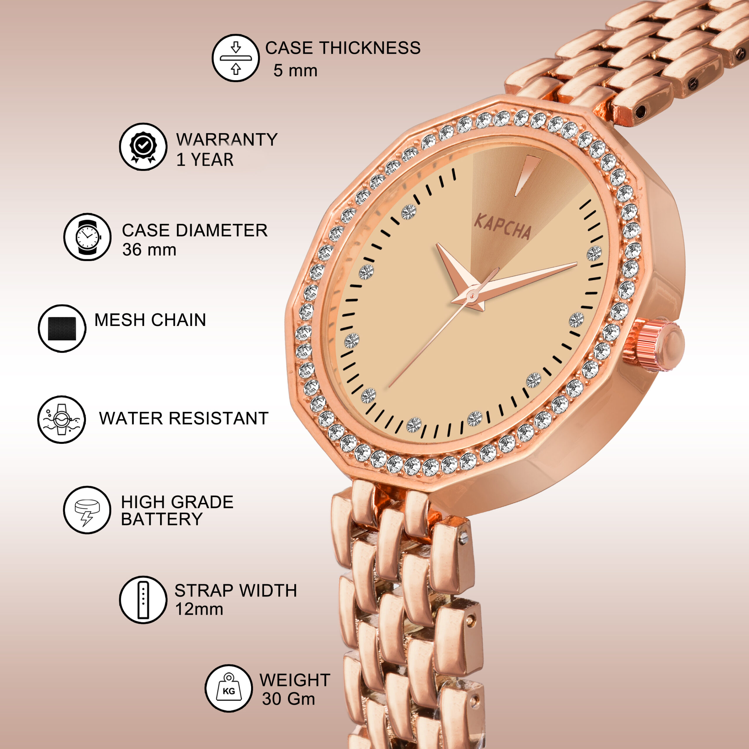 KAPCHA Luxury Women's Watch & Bracelet Set Elegant Rose Gold Quartz Wristwatch and 1 Piece Cuff Bangle Fashionable Gift Box - Image 8