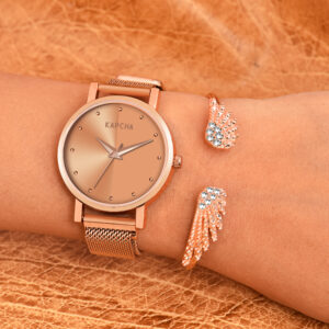 KAPCHA Premium Women's Watch & Bracelet Stack | Chain Strap, Round Dial, Quartz Movement | Anniversary Present for Wife/Mom, Casual and Formal Wear