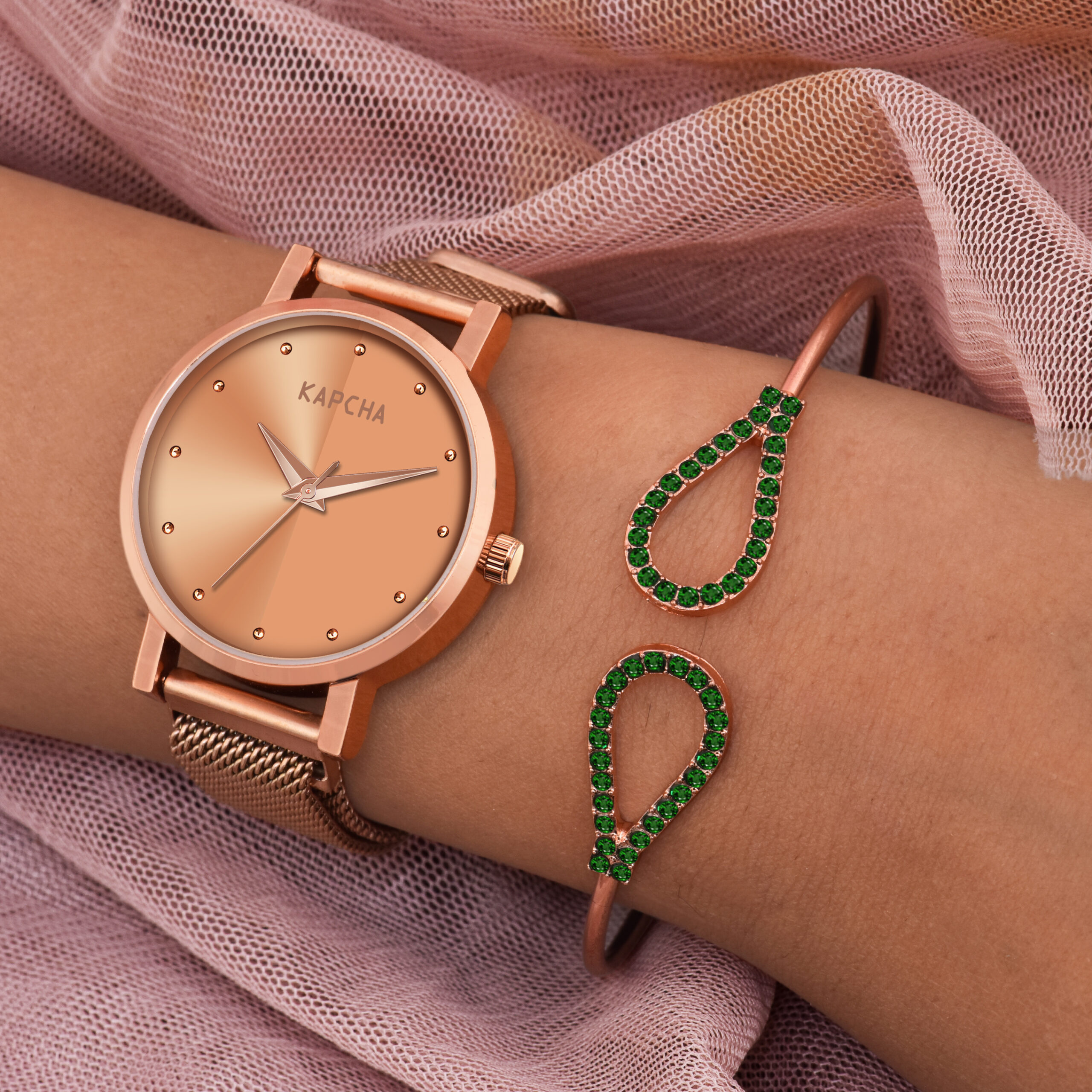 KAPCHA Premium Women's Watch & Bracelet Stack | Chain Strap, Round Dial, Quartz Movement | Anniversary Present for Wife/Mom, Casual and Formal Wear