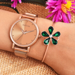 KAPCHA Premium Women's Watch & Bracelet Stack | Chain Strap, Round Dial, Quartz Movement | Anniversary Present for Wife/Mom, Casual and Formal Wear