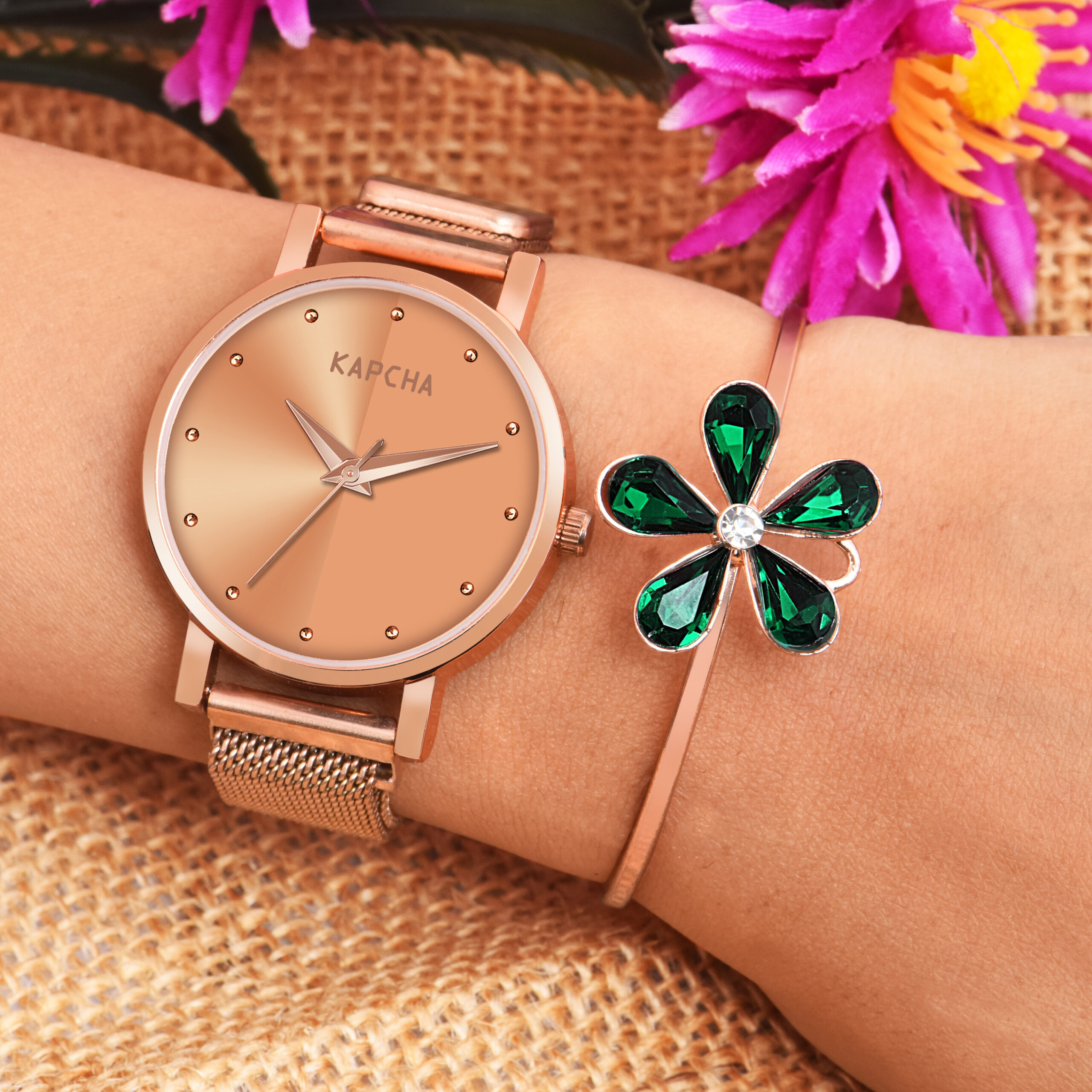 KAPCHA Premium Women's Watch & Bracelet Stack | Chain Strap, Round Dial, Quartz Movement | Anniversary Present for Wife/Mom, Casual and Formal Wear