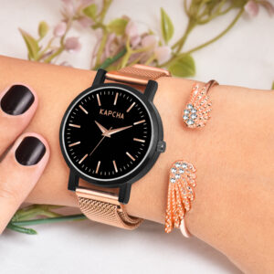 KAPCHA Modern Rose Gold Watch & Bangle Set for Women |Chain Watch with Classic Appeal Quartz Movement Ideal Birthday Gift for Girlfriend/Friend