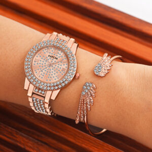 KAPCHA Crystal Ladies Watch and Bracelet Gift Combo Set, Rose Gold, Double Crystal Bezel, Roman Numerals, Jewelled Band