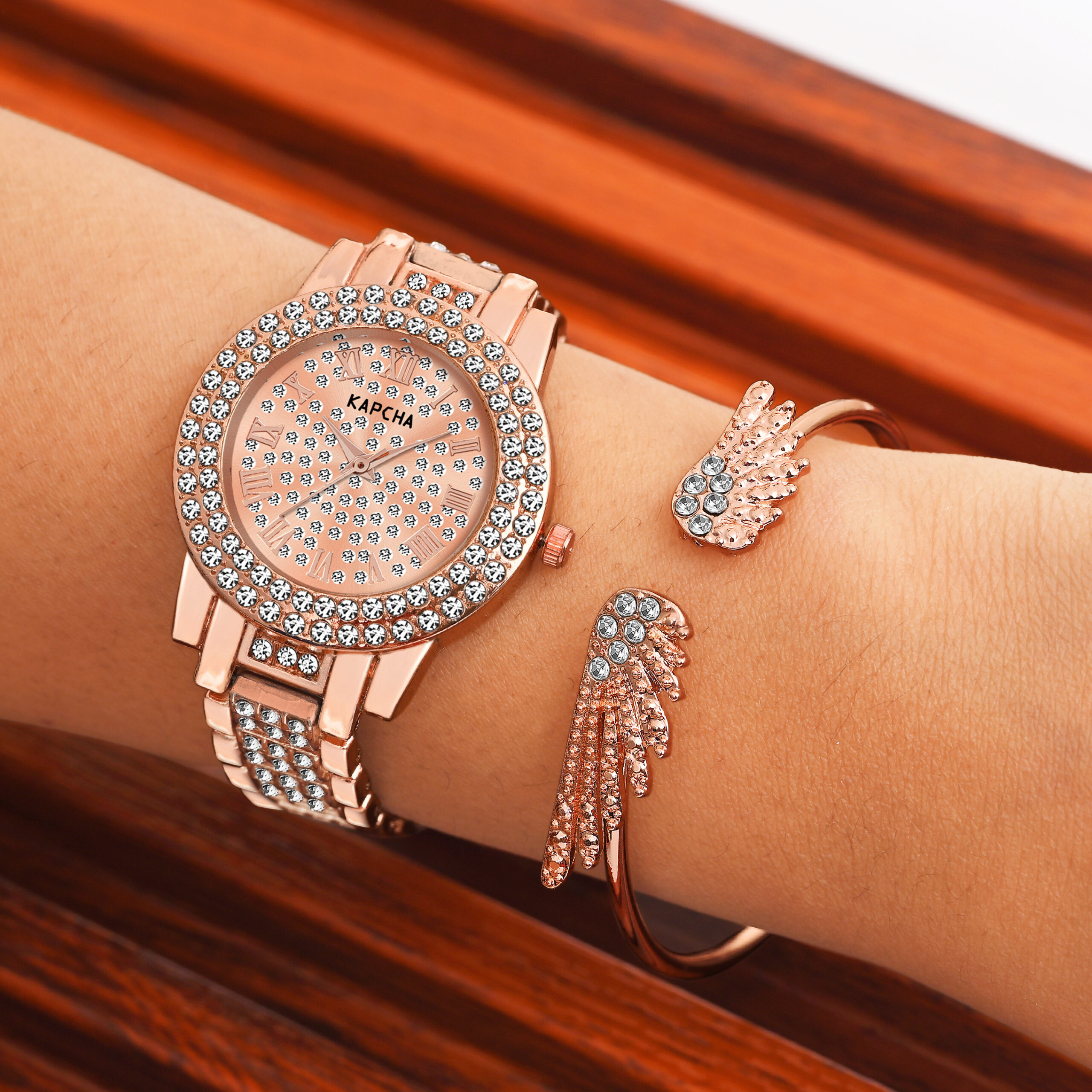 KAPCHA Crystal Ladies Watch and Bracelet Gift Combo Set, Rose Gold, Double Crystal Bezel, Roman Numerals, Jewelled Band