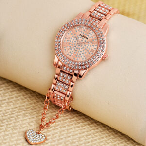 KAPCHA Crystal Ladies Watch and Bracelet Gift Combo Set, Rose Gold, Double Crystal Bezel, Roman Numerals, Jewelled Band