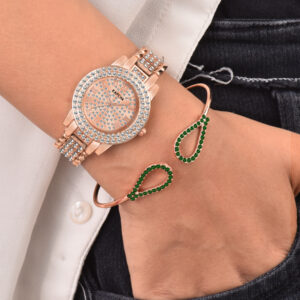 KAPCHA Crystal Ladies Watch and Bracelet Gift Combo Set, Rose Gold, Double Crystal Bezel, Roman Numerals, Jewelled Band