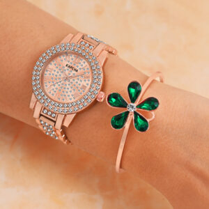 KAPCHA Crystal Ladies Watch and Bracelet Gift Combo Set, Rose Gold, Double Crystal Bezel, Roman Numerals, Jewelled Band
