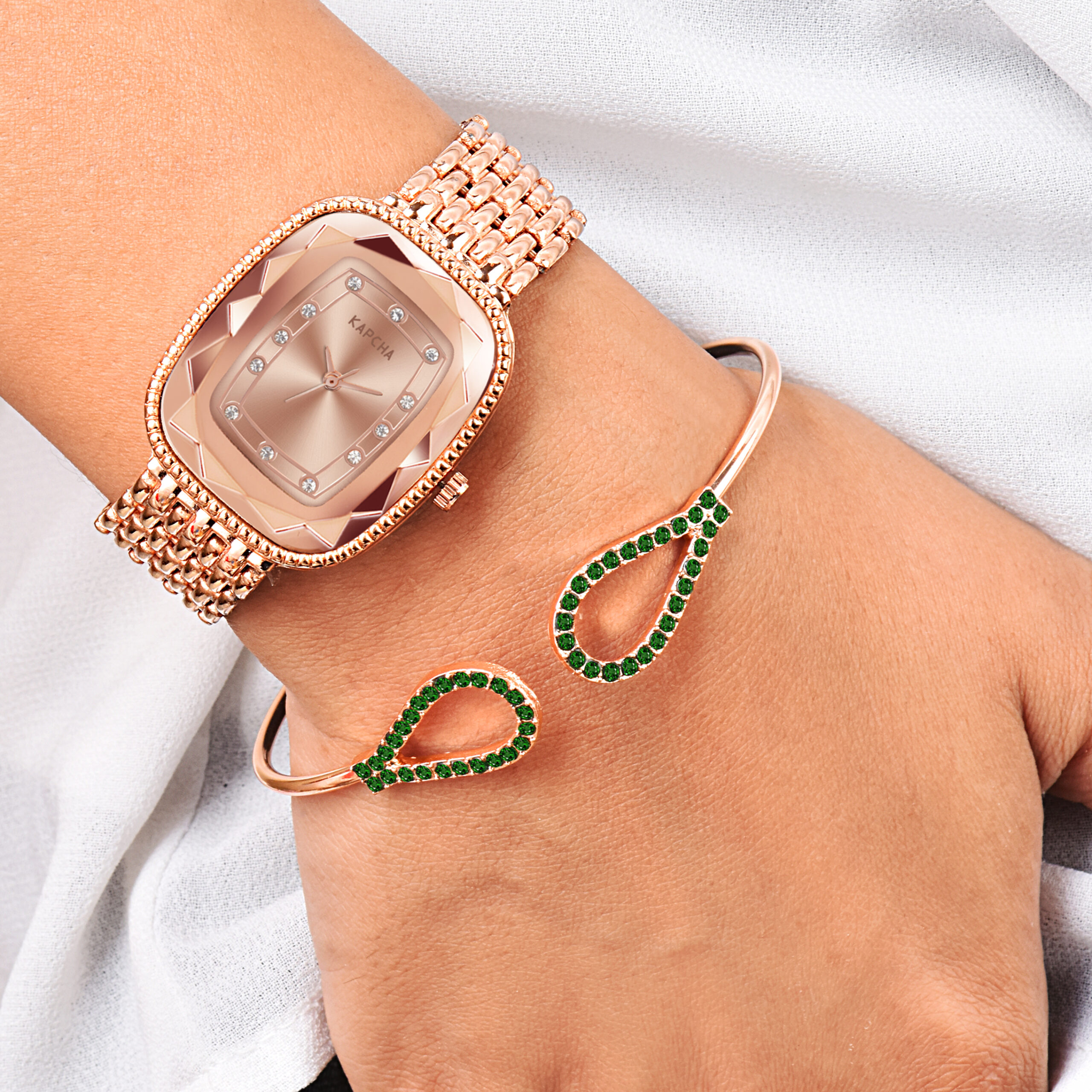 KAPCHA Ladies Watch & Bracelet Combo Set for Women Mesh Chain Strap Watch Rectangular Dial Shape, Quartz Movement