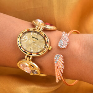 KAPCHA Glamorous Women's Watch Bracelet Combo Set Sparkling Ladies Watch, Golden Dial, Jewelled Mesh Chain Band, Water Resistant, Ideal for Casual Wear