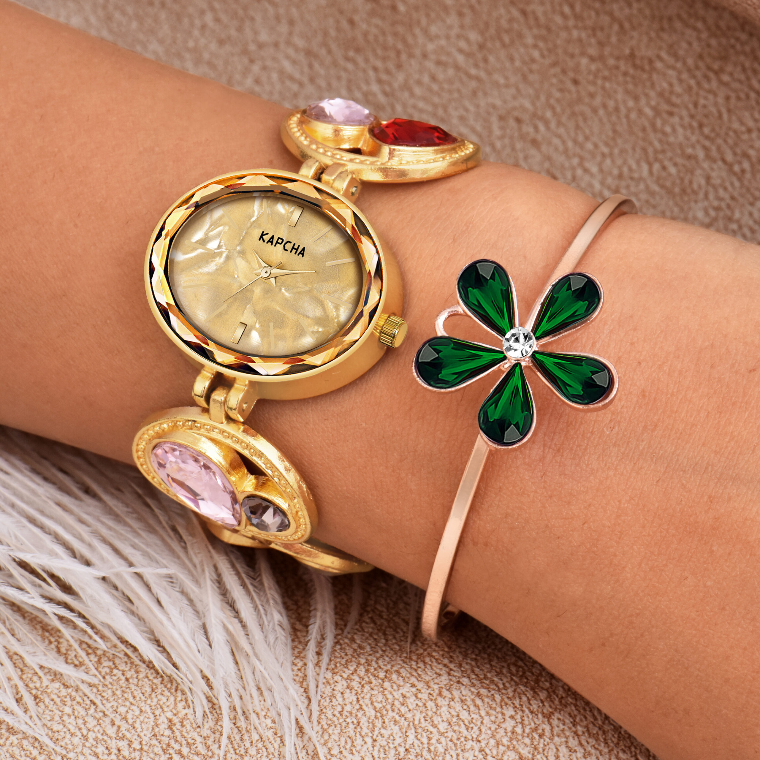 KAPCHA Glamorous Women's Watch Bracelet Combo Set Sparkling Ladies Watch, Golden Dial, Jewelled Mesh Chain Band, Water Resistant, Ideal for Casual Wear