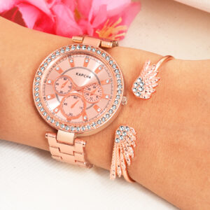 KAPCHA Women's Mesh Strap Watch with Golden Stone Charm Bracelet, Elegant Design Quartz Movement Adjustable Strap for Casual and Formal Wear