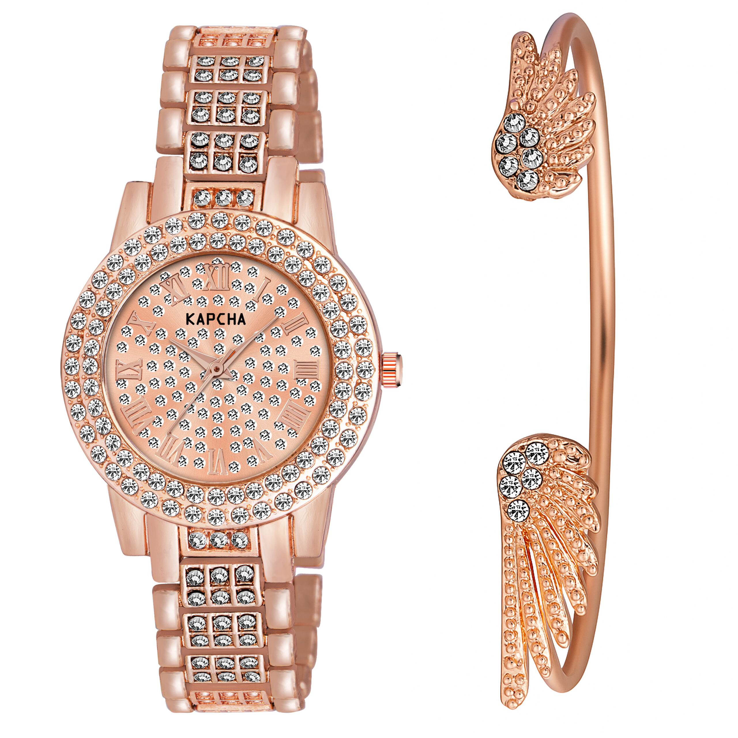 KAPCHA Crystal Ladies Watch and Bracelet Gift Combo Set, Rose Gold, Double Crystal Bezel, Roman Numerals, Jewelled Band - Image 7