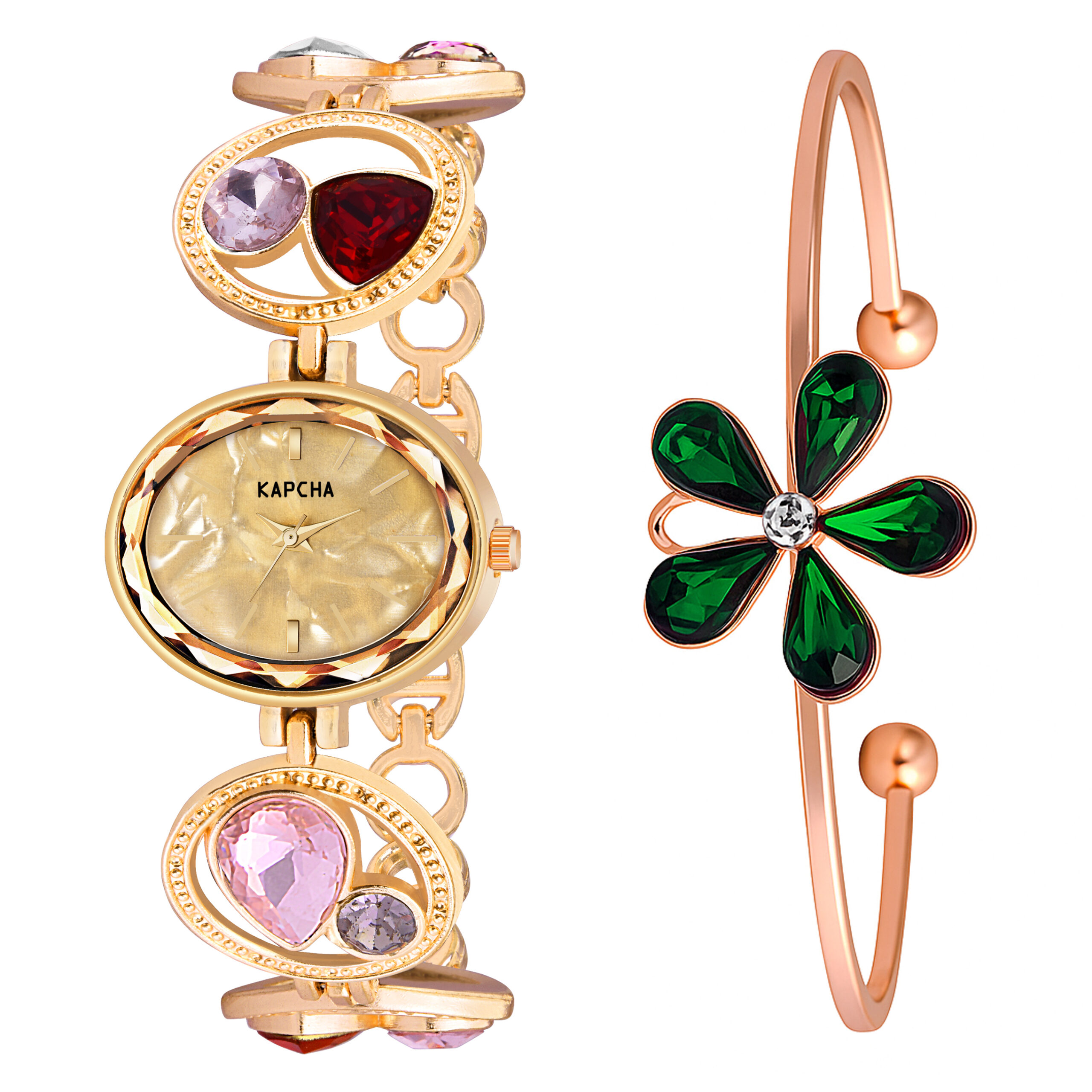 KAPCHA Glamorous Women's Watch Bracelet Combo Set Sparkling Ladies Watch, Golden Dial, Jewelled Mesh Chain Band, Water Resistant, Ideal for Casual Wear - Image 2