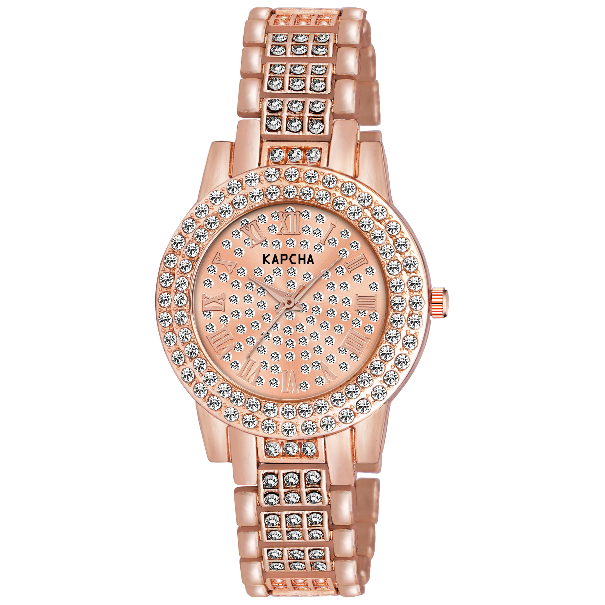 KAPCHA Crystal Ladies Watch and Bracelet Gift Combo Set, Rose Gold, Double Crystal Bezel, Roman Numerals, Jewelled Band - Image 6