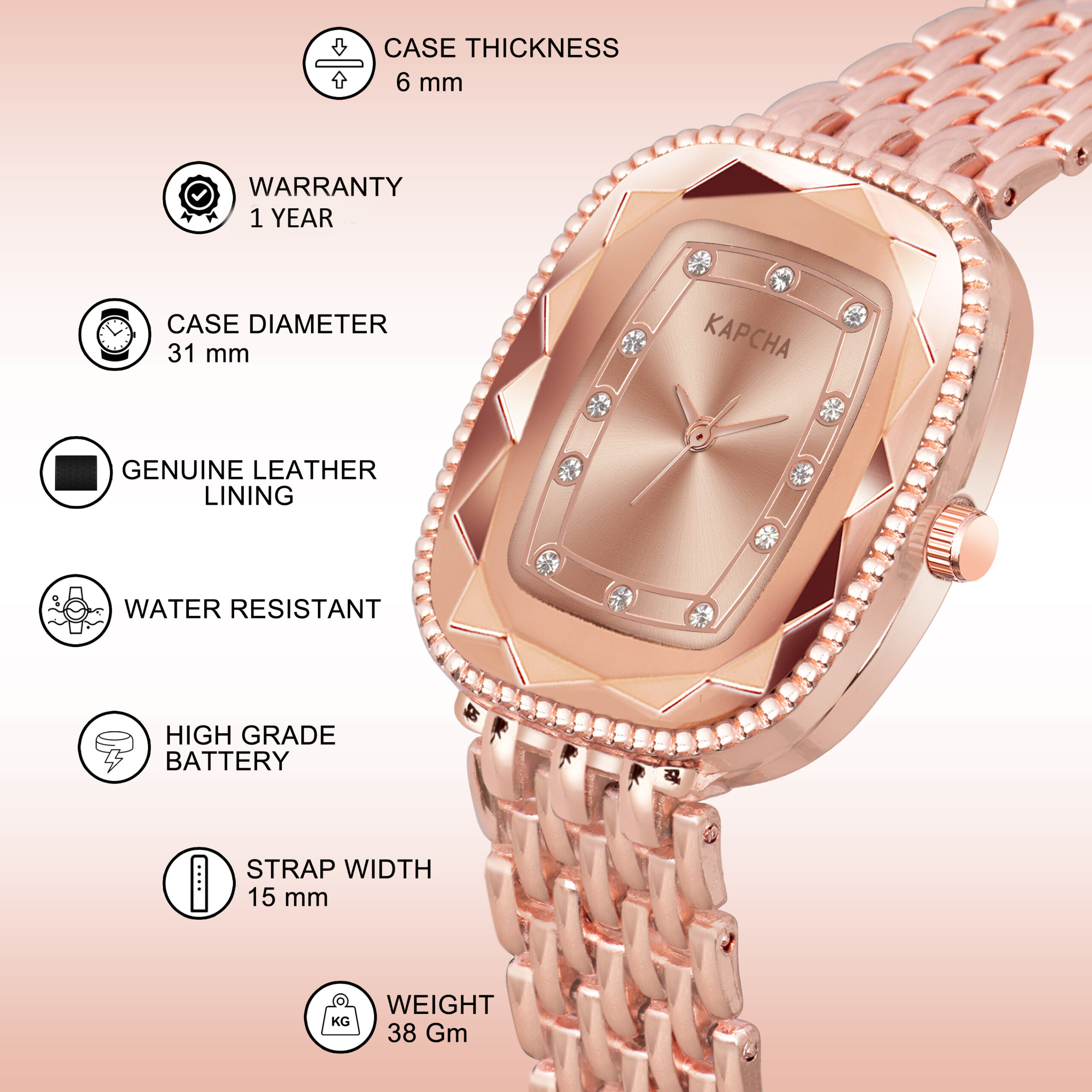 KAPCHA Ladies Watch & Bracelet Combo Set for Women Mesh Chain Strap Watch Rectangular Dial Shape, Quartz Movement - Image 8