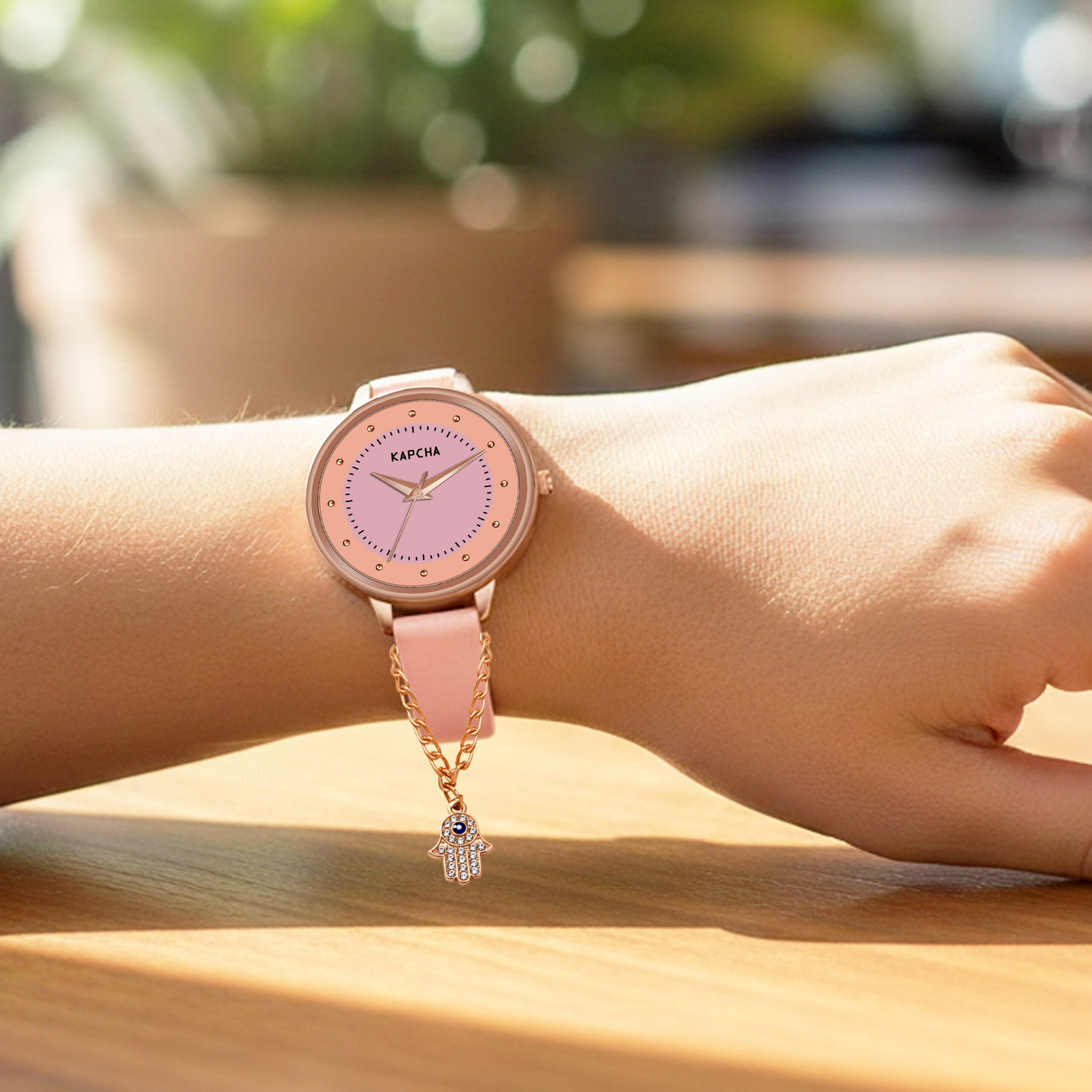 KAPCHA Leather Strap Watch & Hamsa Hand Bracelet Set for Women | Round Dial Shape, Quartz Movement | Fashion Accessory | Gift for Mom/Girlfriend/Friend - Image 2