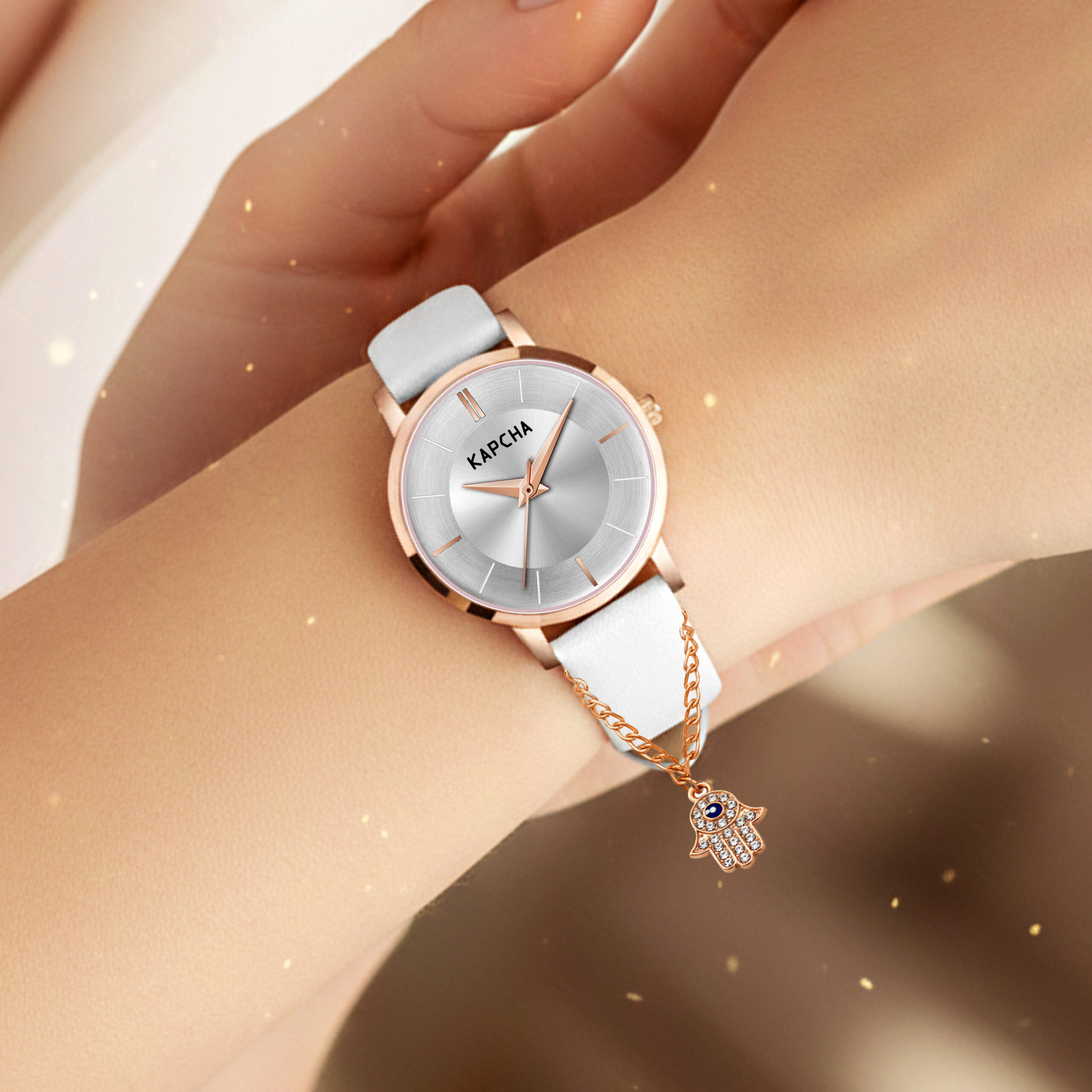 KAPCHA Versatile Leather Strap Watch and Hamsa Hand Chain Bracelet Combo | Set of 2 | Elegant Jewellery for Ladies | Fashion Accessory | Gift for Her - Image 5