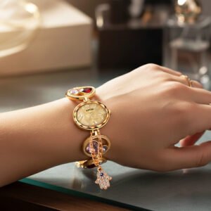 KAPCHA Glamorous Women's Watch & Hamsa Hand Bracelet Combo Set Sparkling Ladies Watch, Golden Dial, Jewelled Mesh Chain Band, Water Resistant