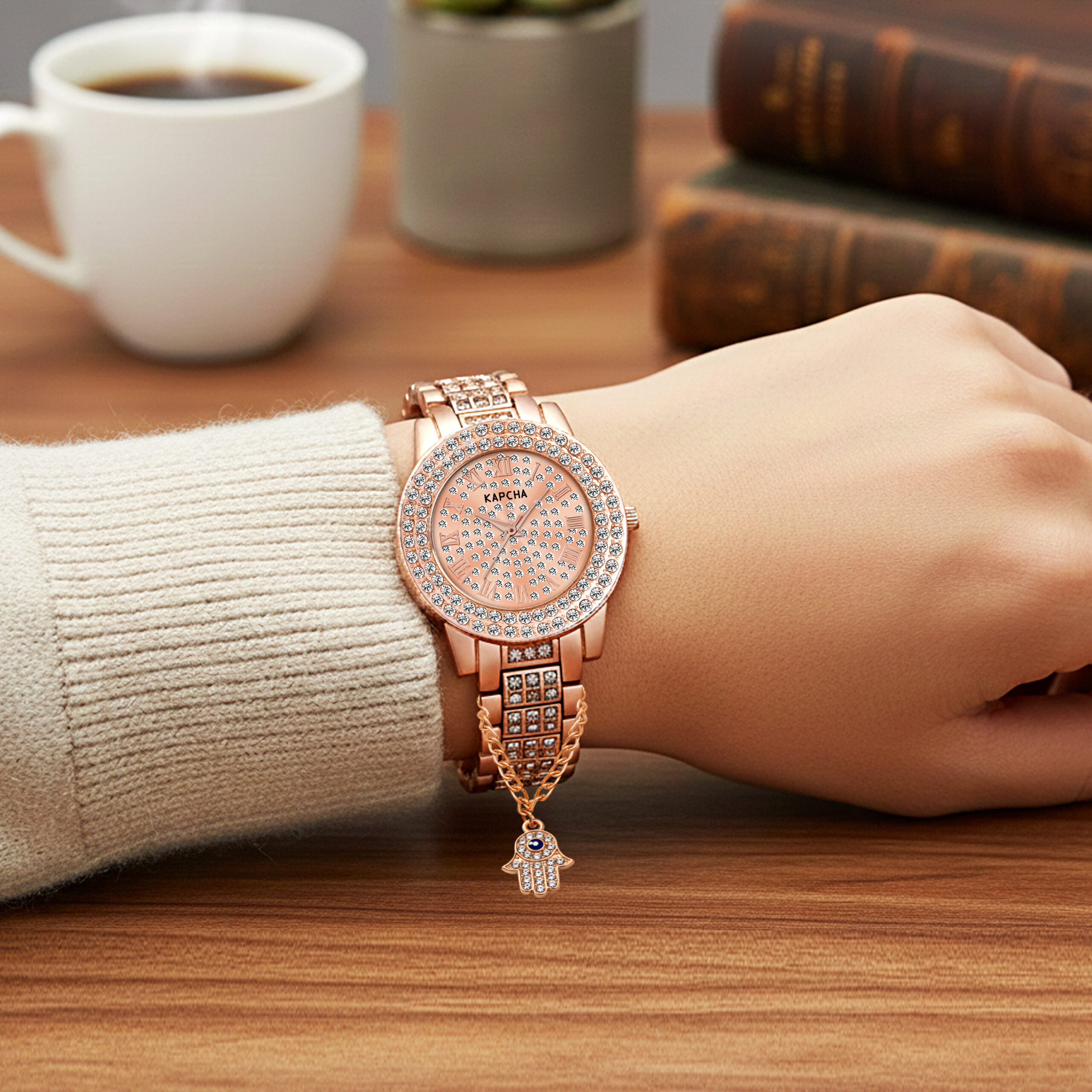 KAPCHA Crystal Ladies Watch and Hamsa Hand Bracelet Gift Combo Set, Rose Gold, Double Crystal Bezel, Roman Numerals, Jewelled Band - Image 3