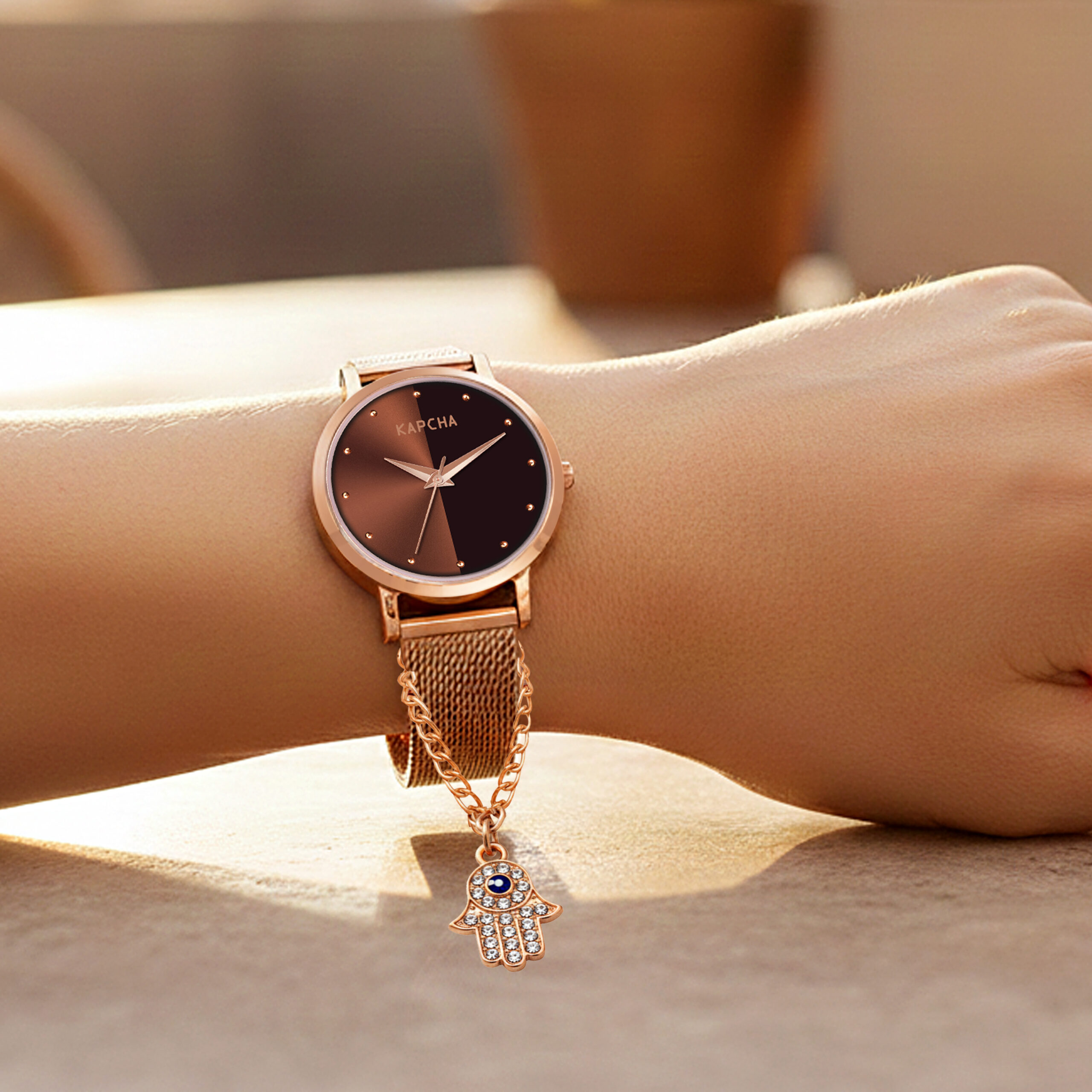 KAPCHA Minimal Elegance Women's Watch & Hamsa Hand Bracelet Set Chain Strap with Round Dial, Quartz Movement - Image 4