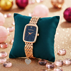 KAPCHA Women?s Rose Gold Watch with Blue Dial & Heart Charm Bracelet | Elegant Gift Combo Set | Rectangular Case | Water Resistant | Ideal Gift for Her