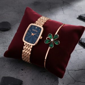 KAPCHA Women?s Rose Gold Watch with Blue Dial & Green Floral Bracelet | Elegant Gift Combo Set | Rectangular Case | Water Resistant | Ideal Gift for Her
