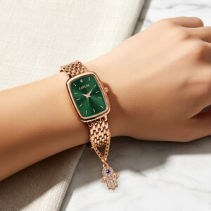 KAPCHA Women?s Rose Gold Watch with Green Dial & Evil Eye Charm Bracelet | Elegant Gift Combo Set | Rectangular Case | Water Resistant | Ideal Gift for Her