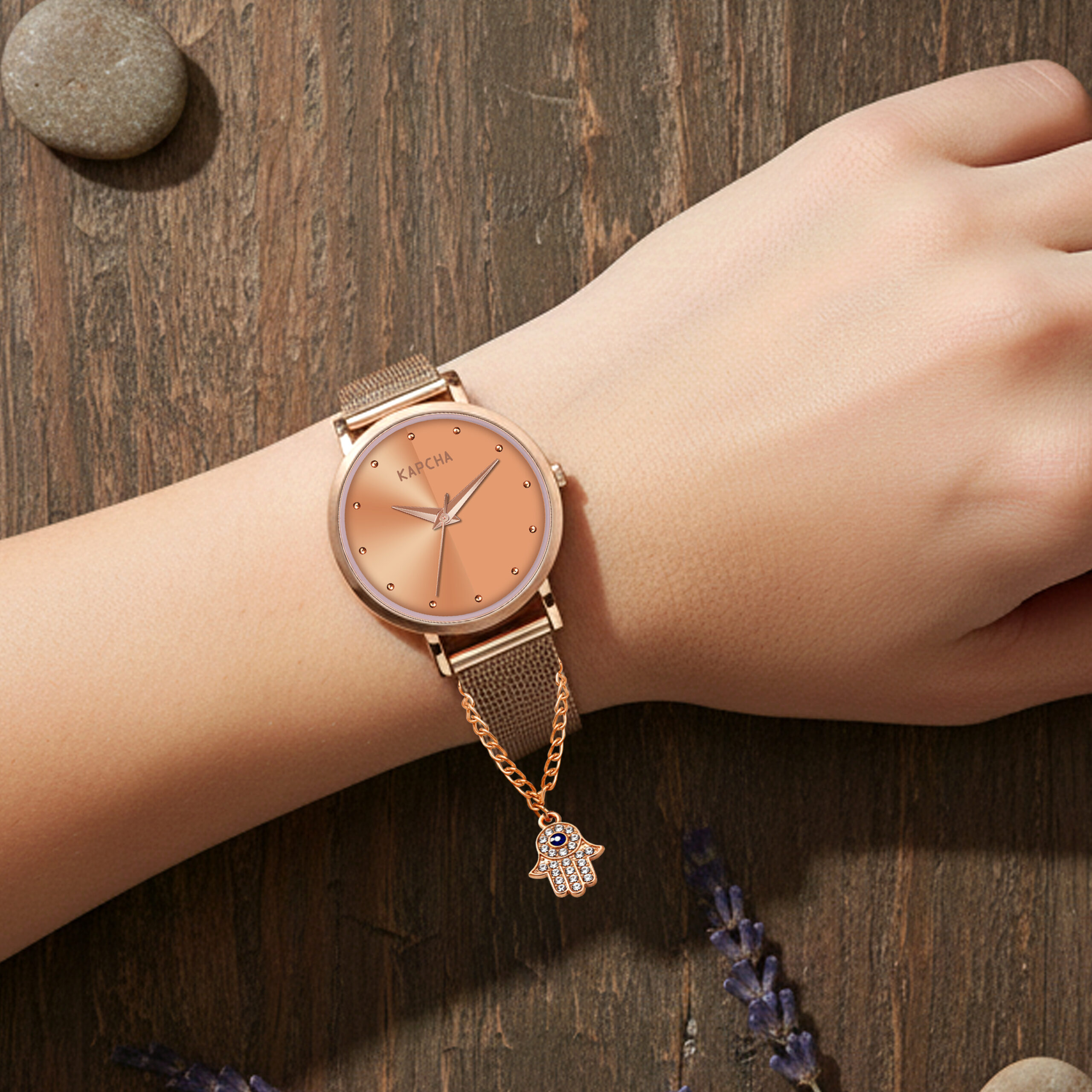 KAPCHA Premium Women's Watch & Hamsa Hand Bracelet | Chain Strap, Round Dial, Quartz Movement | Anniversary Present for Wife/Mom, Casual and Formal - Image 2