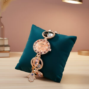 KAPCHA Chic Ladies Watch and Hamsa Hand Bracelet Combo Set, Rose Gold, Jewelled Mesh Chain Band, Water Resistant, Ideal for Casual Wear- Design 4