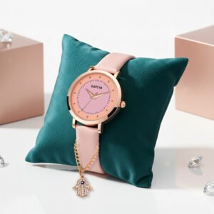 KAPCHA Leather Strap Watch & Hamsa Hand Bracelet Set for Women | Round Dial Shape, Quartz Movement | Fashion Accessory | Gift for Mom/Girlfriend/Friend