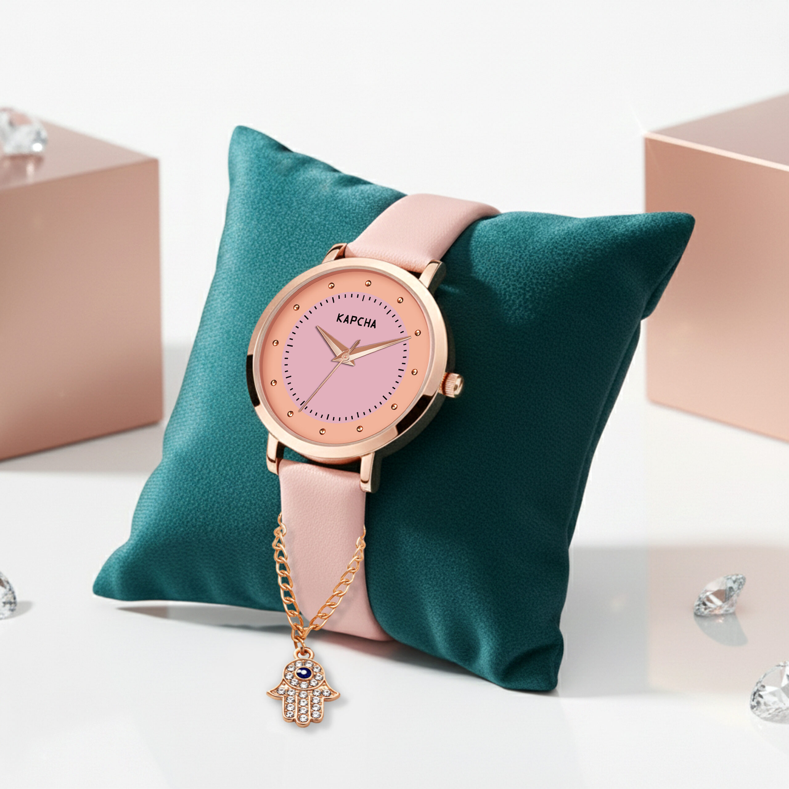 KAPCHA Leather Strap Watch & Hamsa Hand Bracelet Set for Women | Round Dial Shape, Quartz Movement | Fashion Accessory | Gift for Mom/Girlfriend/Friend