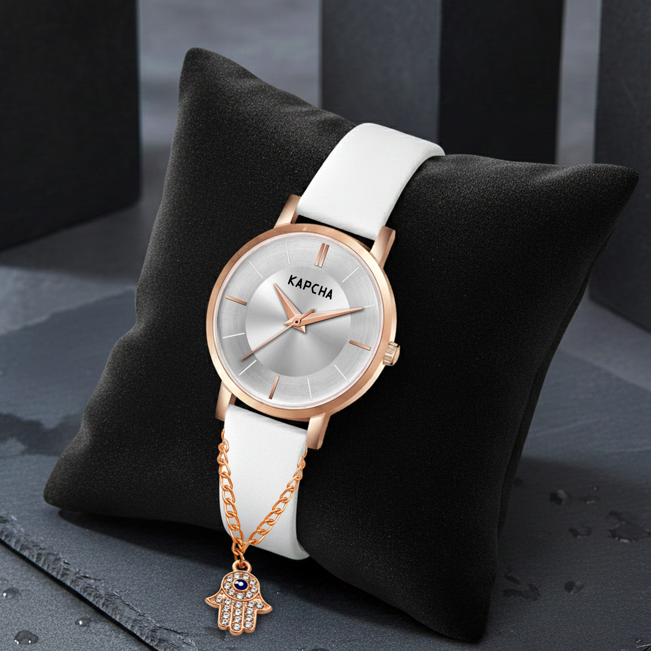 KAPCHA Versatile Leather Strap Watch and Hamsa Hand Chain Bracelet Combo | Set of 2 | Elegant Jewellery for Ladies | Fashion Accessory | Gift for Her