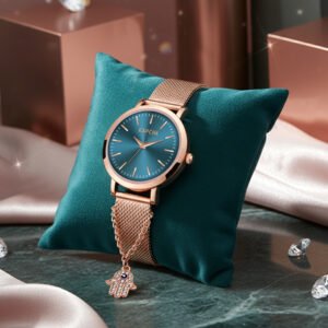 KAPCHA Ladies Watch & Hamsa Hand Bracelet Combo Set Quartz Movement Adjustable Strap for Both Casual and Formal
