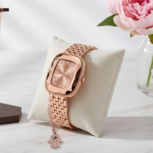 KAPCHA Ladies Watch & Hamsa Hand Bracelet Combo Set for Women Mesh Chain Strap Watch Rectangular Dial Shape, Quartz Movement
